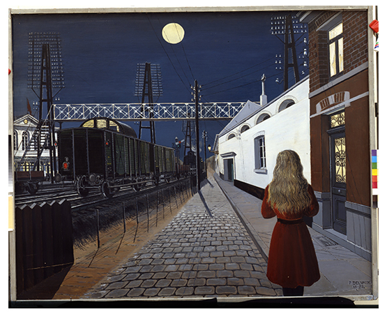 Paul Delvaux, "Solitude", 1955. L’une des gares nocturnes et fascinantes à voir au MCBA. (Collection de la Fédération Wallonie-Bruxelles) Paul Delvaux Foundation