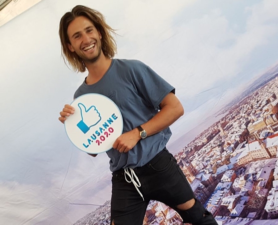 Pat Burgener sur le stand Lausanne 2020 à Athletissima 2018. DR