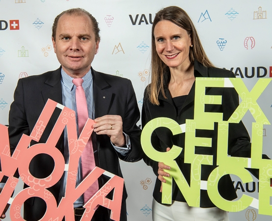 Le chef de l’Economie vaudoise Philippe Leuba en compagnie d’Andreane Jordan Meier, lors de l’événement organisé pour le lancement de la communauté, en décembre 2018. ARC Jean-Bernard Sieber